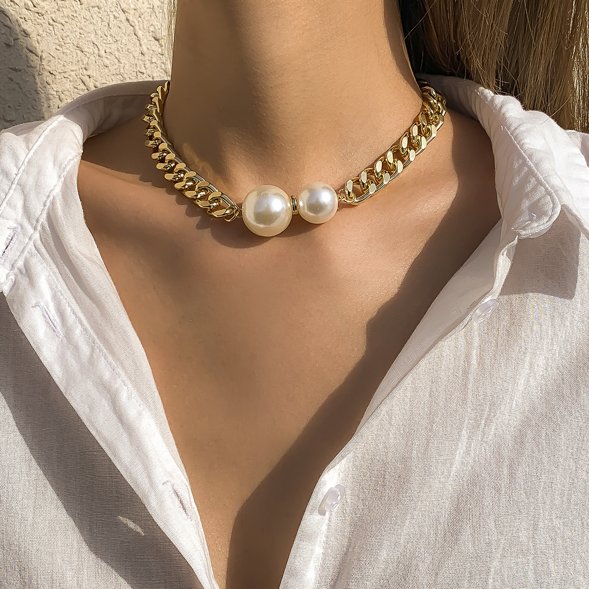 Salircon New Punk Cuban Chains Necklaces Women Vintage Imitation Pearl Pendant Necklace Girl Choker Fashion Accessories Jewelery pen gpt