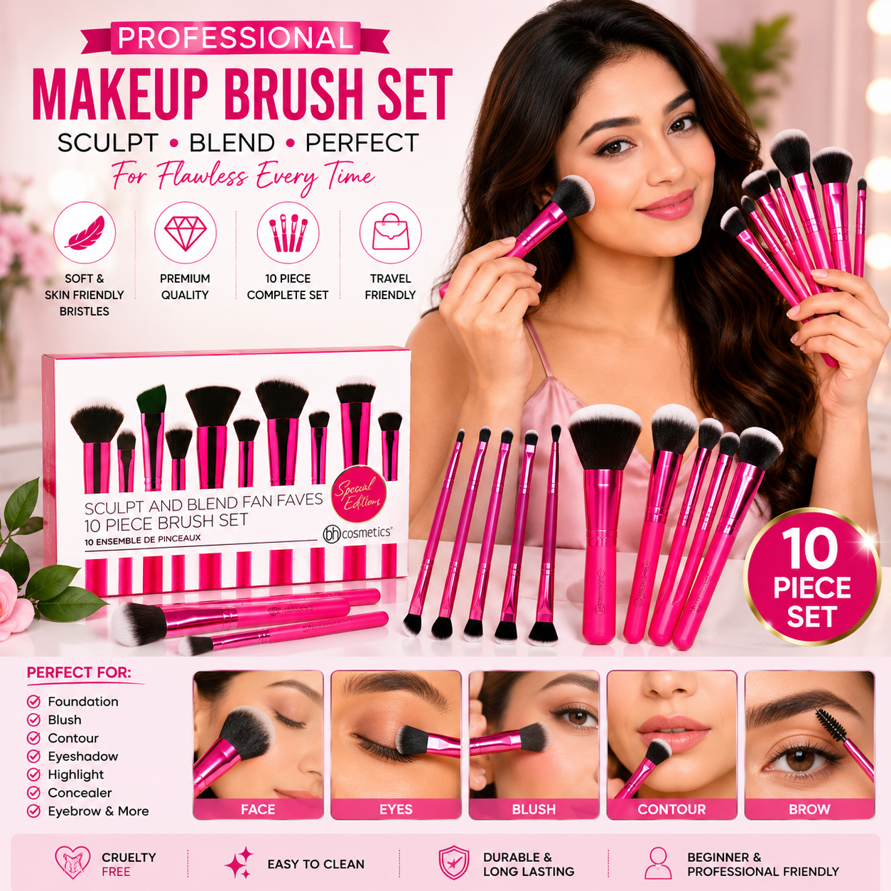 10 Pcs Professional Makeup Brush Set for Face, Eyes & Lips | Soft Synthetic Bristles | Pink Makeup Brushes Kit