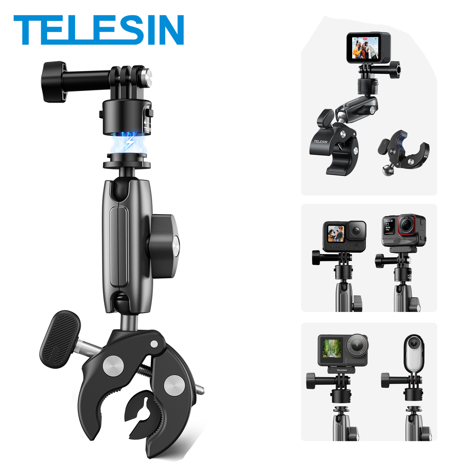 TELESIN Cycling Motorcycle Clip Quick Release Magic Arm 360° Aluminum Alloy Super Clamp For Camera Action Camera