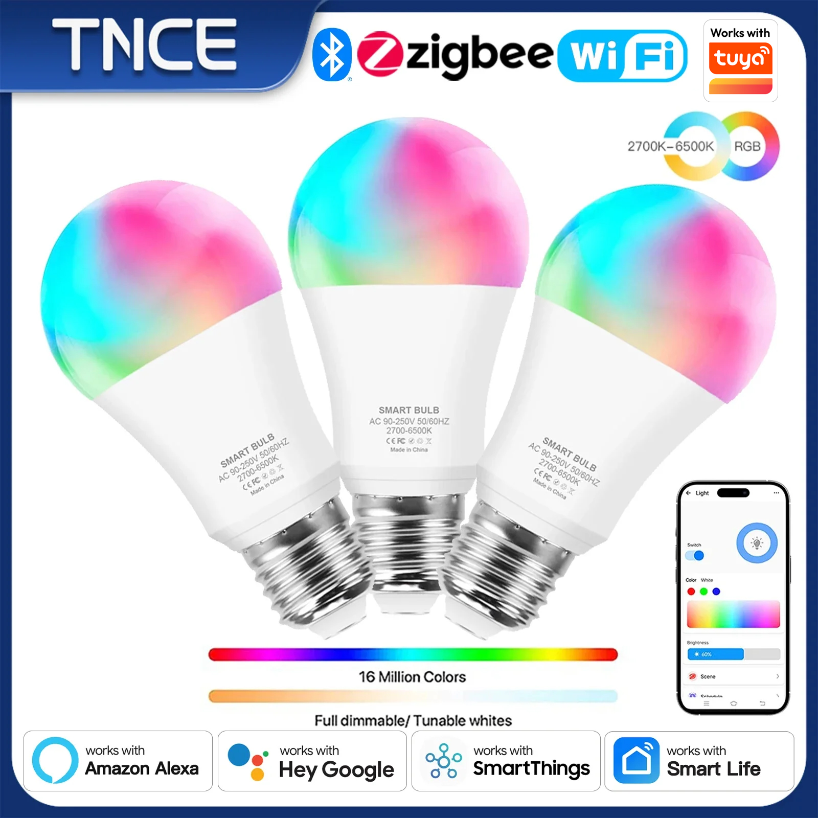 TNCE Tuya E27 Bulb WIFI Zigbee Bluetooth, Dimmable Light LED lamp 2700-6500k RGB,Smart Life APP, Voice with Alexa Home