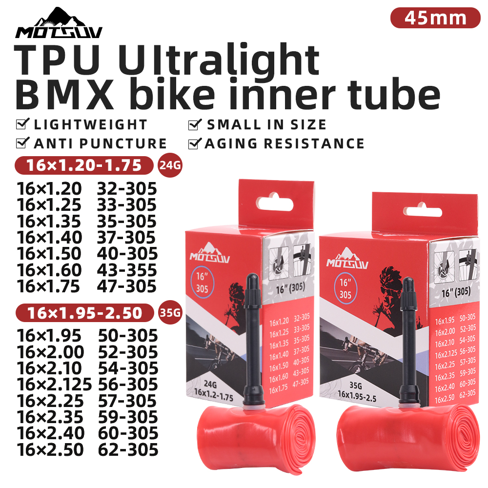 MOTSUV High Quality TPU 16 inch GRAVEL Road Bike Inner Tube For 16*1.20-1.75/16*1.95-2.50 349 Tire Bicycle MTB French Valve 45mm