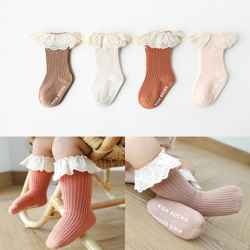 New Baby Girls Boys Socks Newborn Infant Kid Knee High Lace Socks Toddler Anti Slip Cotton Infant Long Sock For 0-3 Years