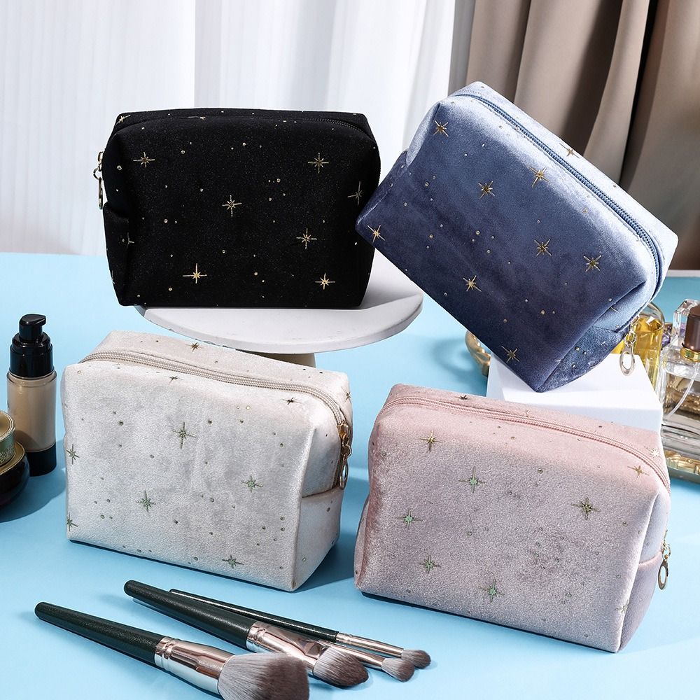 New Fashion Portable Cosmetic Bag Soft Velvet with Zipper Women Toiletry Bag Hot stamping star pattern Make Up Storage Bag