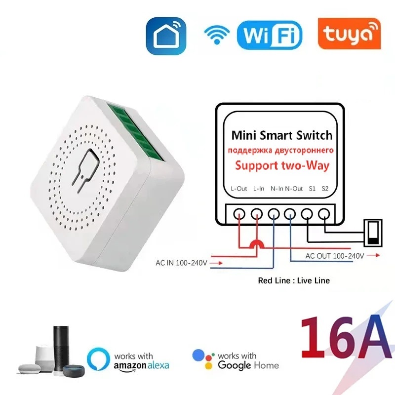 16A DIY Light Switches Mini Wifi Module 2-way Control Work With Tuya Smart Life Alexa Alice Home