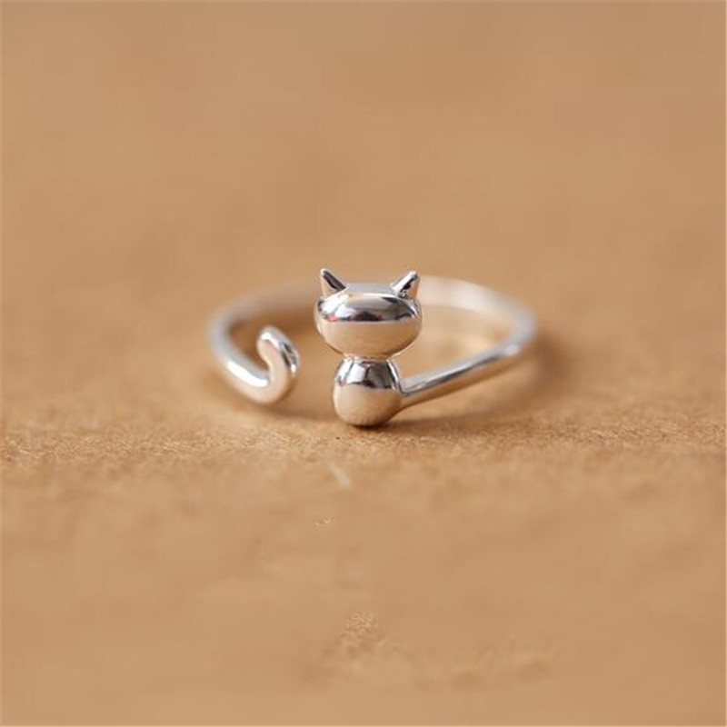 925 Sterling Silver Jewelry Hot Popular New Fashion Small Fresh Cute Cat Animal Opening Simple Rings R004