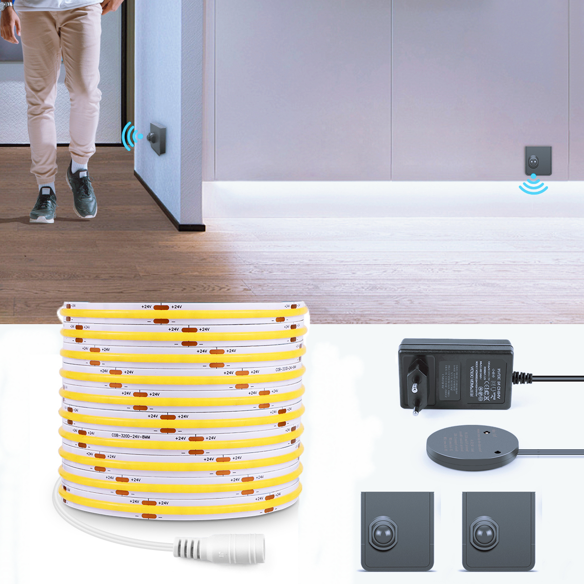 24V COB LED Strip Light with PIR Motion Sensor Movable Disassemble Switch Rechargeable RF Reciever Bed Hallway Stair Night Lamp