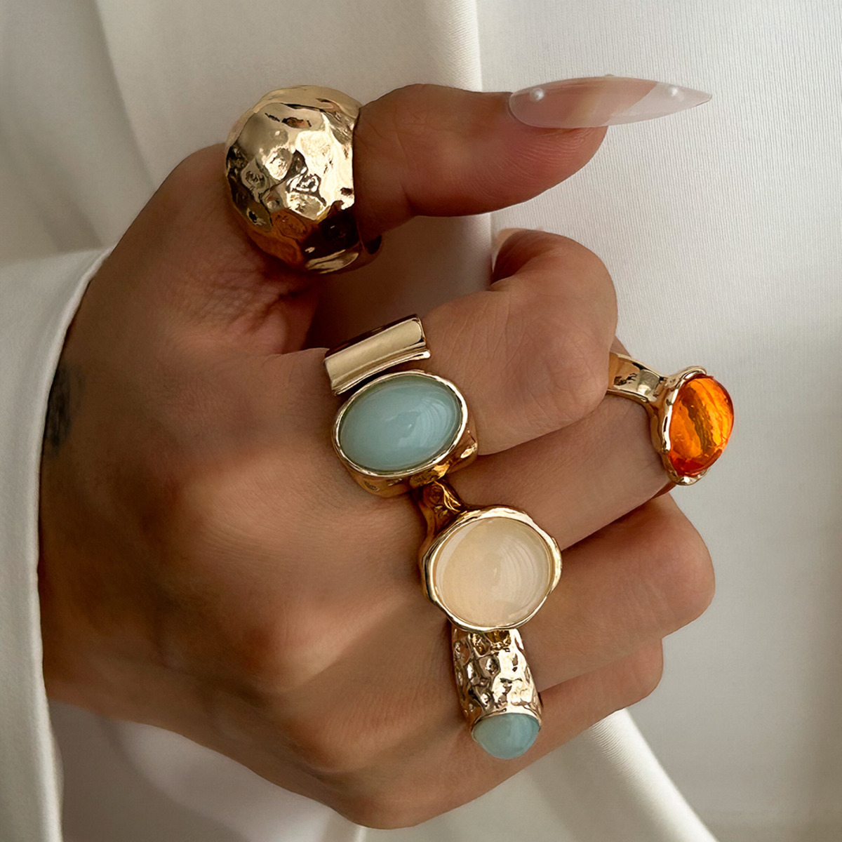 Salircon 5Pcs/Set Vintage Luxury Irregular Metal Open Ring for Women Men Boho Colorful Acrylic Rings Elegant Female Jewelry Gift