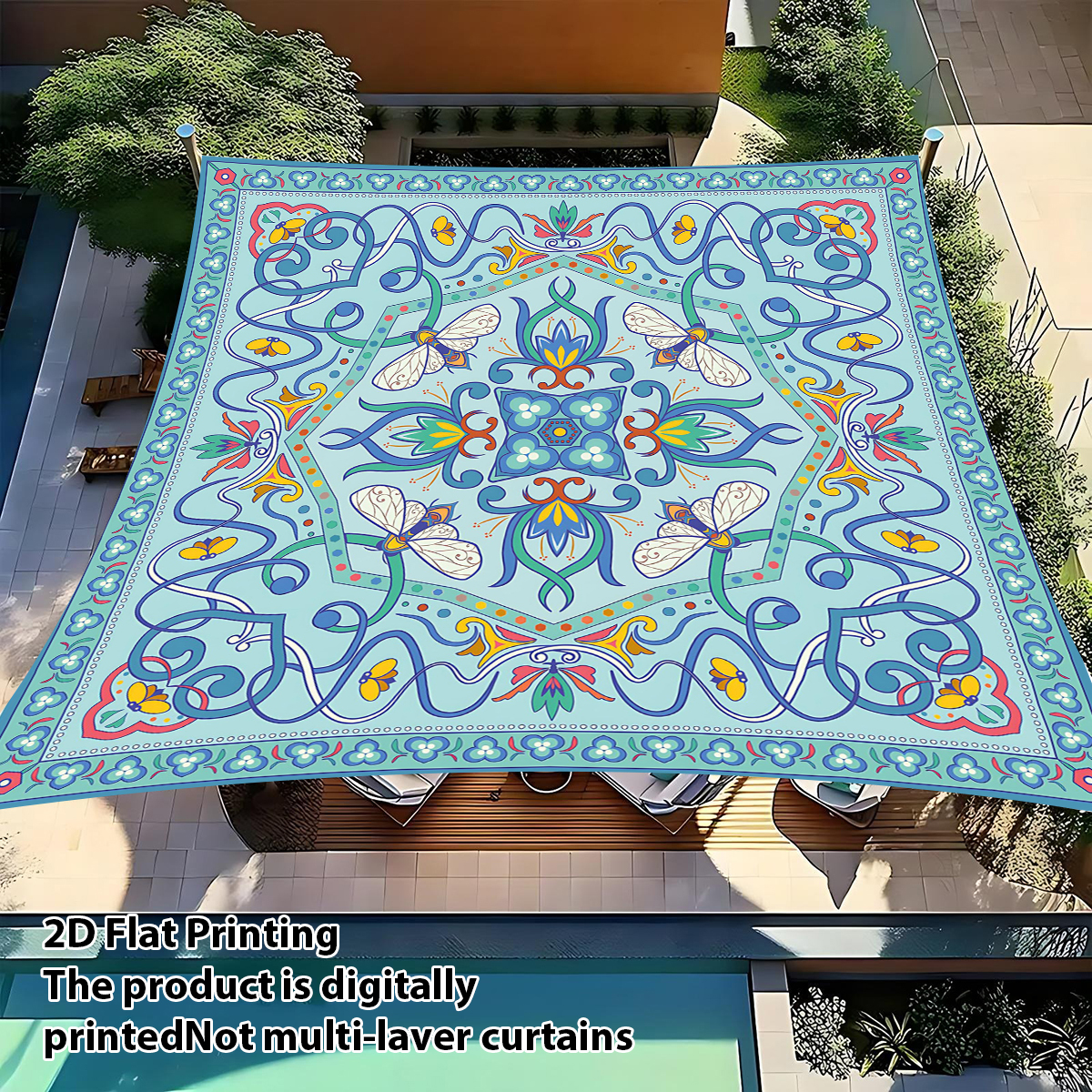 1 Pc Turquoise Bohemian Butterfly & Floral Tile Print Outdoor Canopy Portable UV Protection Sun Shade for Beach Garden Camping