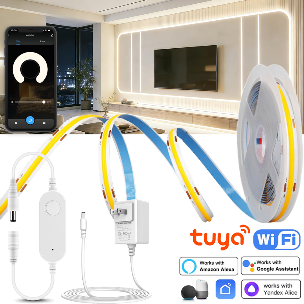 12V Tuya Smart Life WiFi COB LED Strip 1m 2m 3m 4m 5m White/Warm White Dimmable COB LED Strip Light Work with Alexa Home lightify