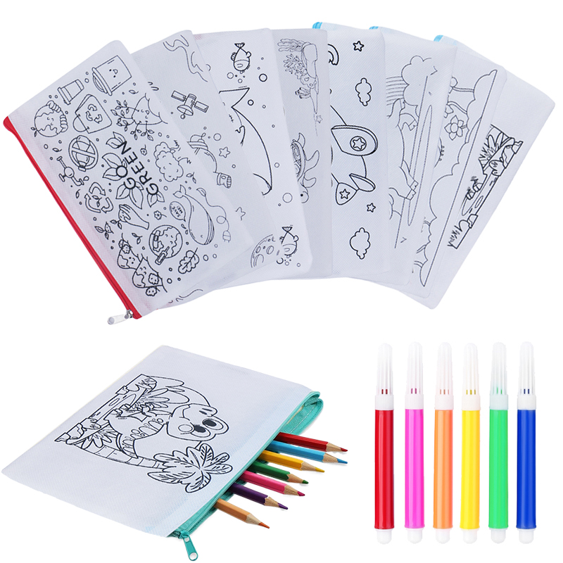 5/10pcs Non Woven Pen Bag Cartoon Pattern DIY Coloring Office Educational Supplies Student Stationery Storage Bag Reward TMZ