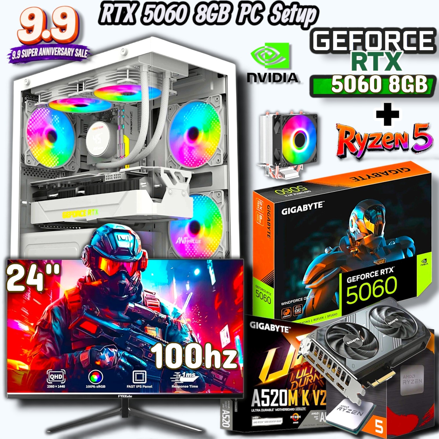 RTX 5060 8GB Graphics Powered With Ryzen 7 5700X Powerful Gaming PC, 8/16GB 3200MHZ RAM, 650WATT 80+Bronze PSU Performance Gaming Editing Desktop