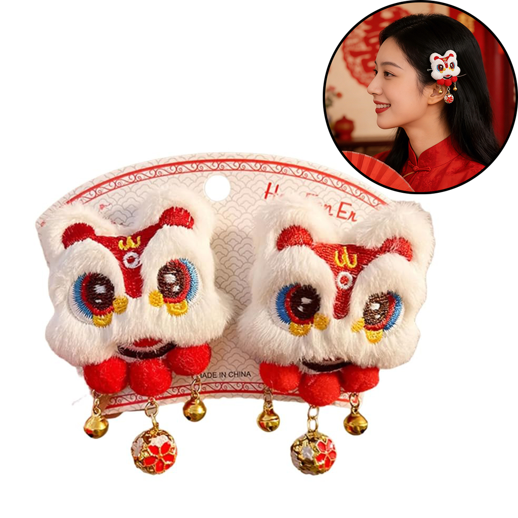 2 PCS Chinese Lion Dance Hair Clip - Pompom & Tassel Barrette Inspired by Traditional Xing Shi (Awakened Lion) for New Year