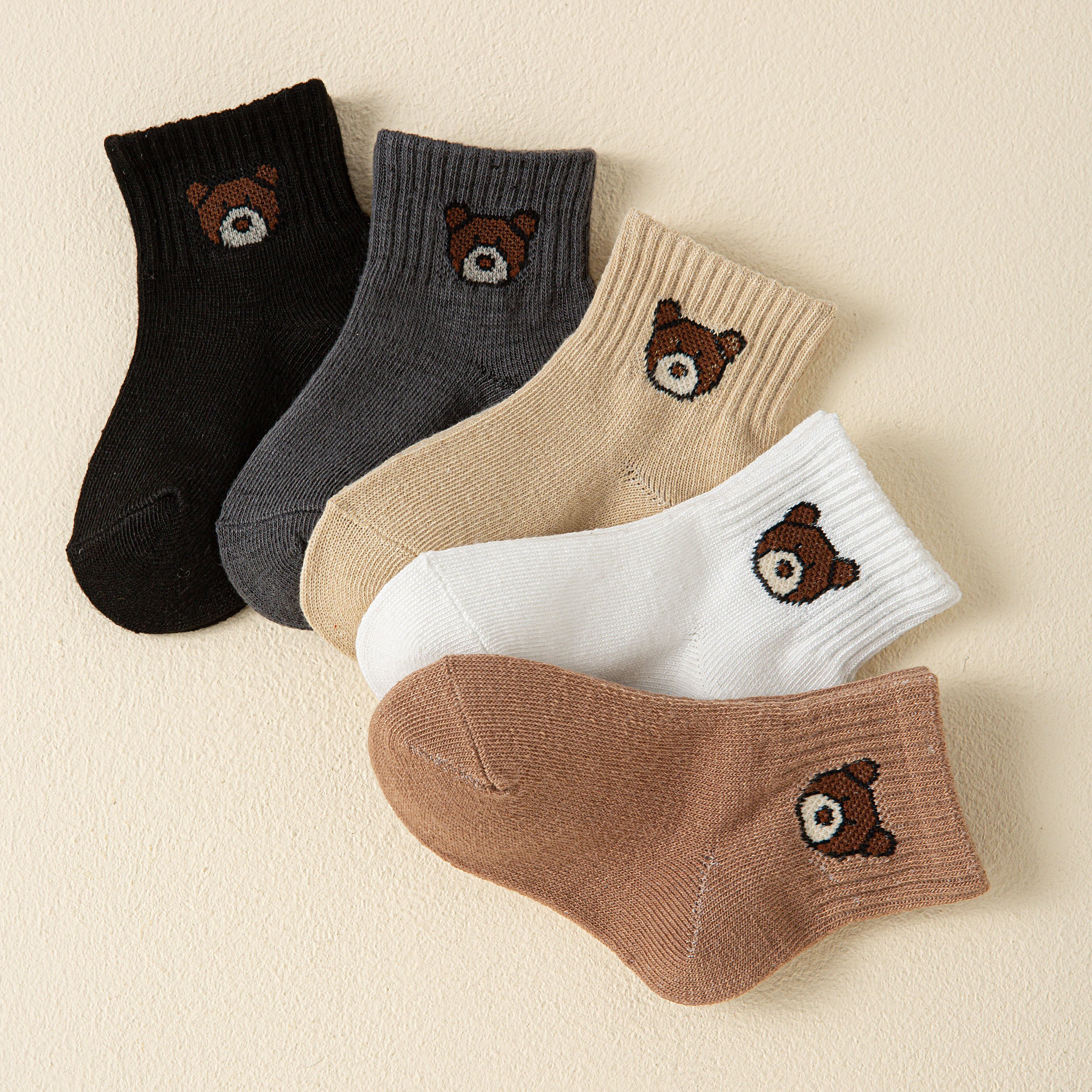 5 pairs of multi-color children's socks with cartoon bear head patterns are suitable for babies aged 0 to 5