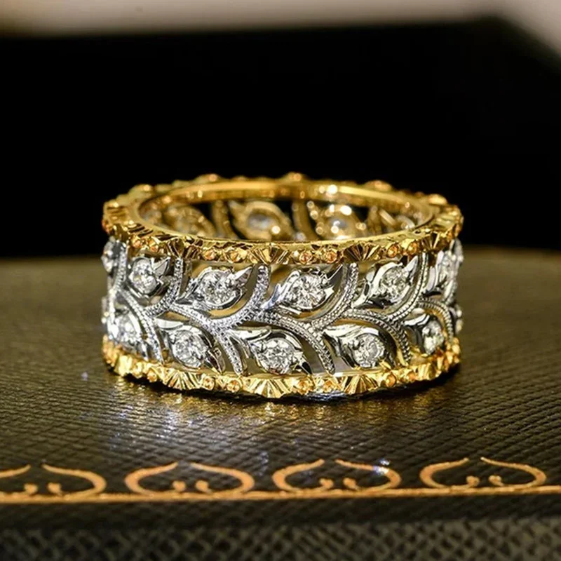 Huitan Luxurious Hollow-out Leaf Pattern Ring for Women Brilliant Two-tone Noble Accessories for Engagement Chic Wedding Jewelry