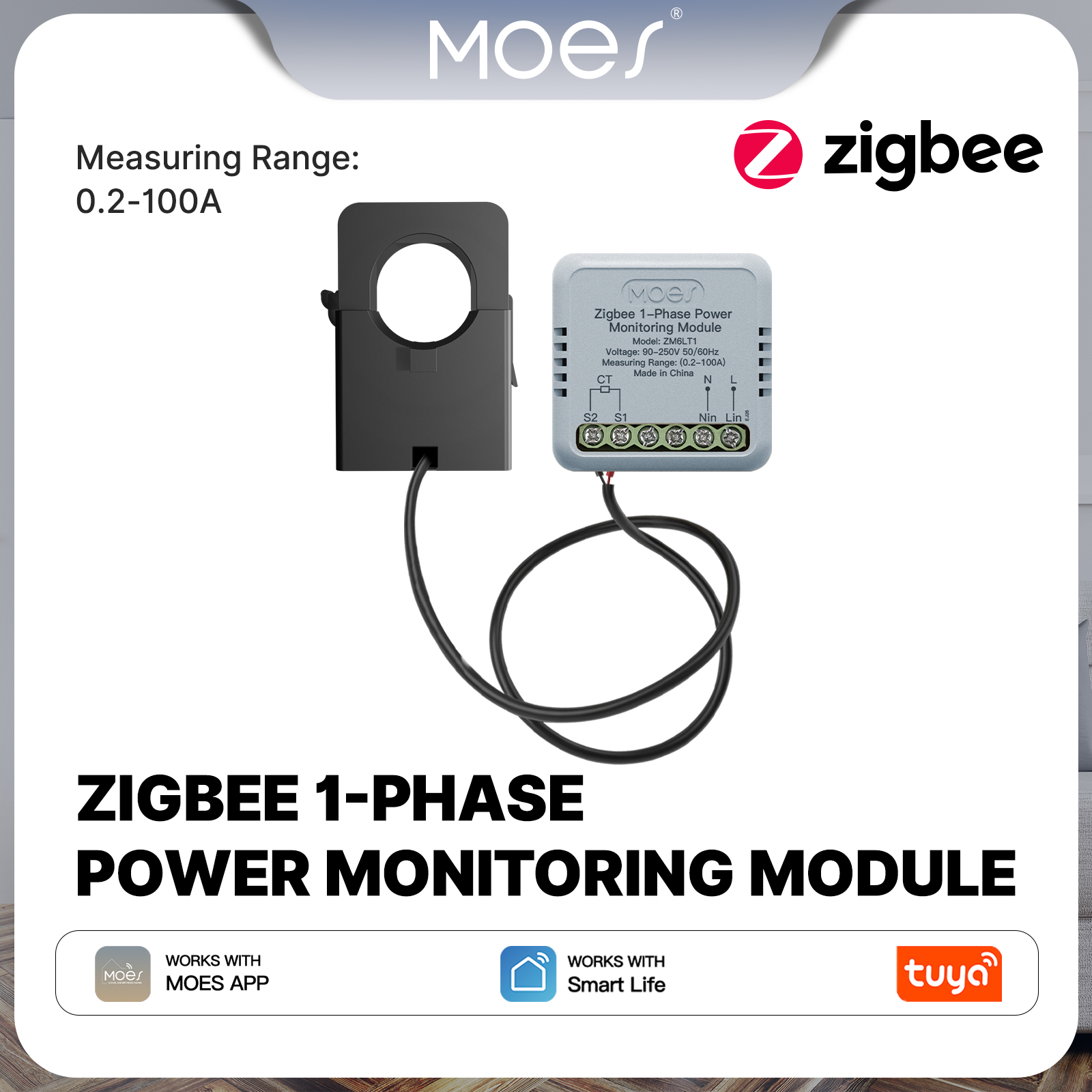 Tuya Zigbee Smart 1-Phase Power Meter 100A Monitoring Module Bidirectional with Current Transformer Sensor Clamp