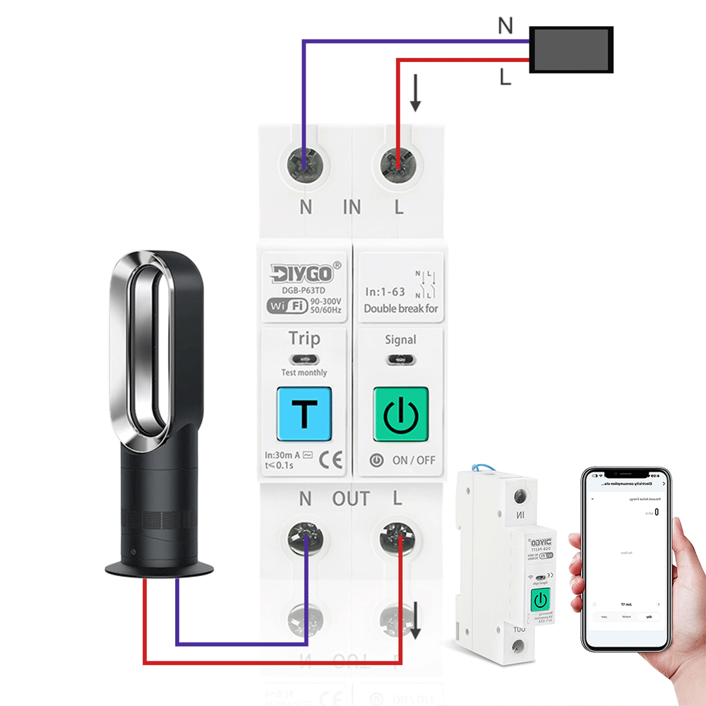 DIY GO TUYA WIFI Smart Switch 63A 1P 2P Energy Meter Circuit Breaker voltage current leakage temperature protection cut off L+N