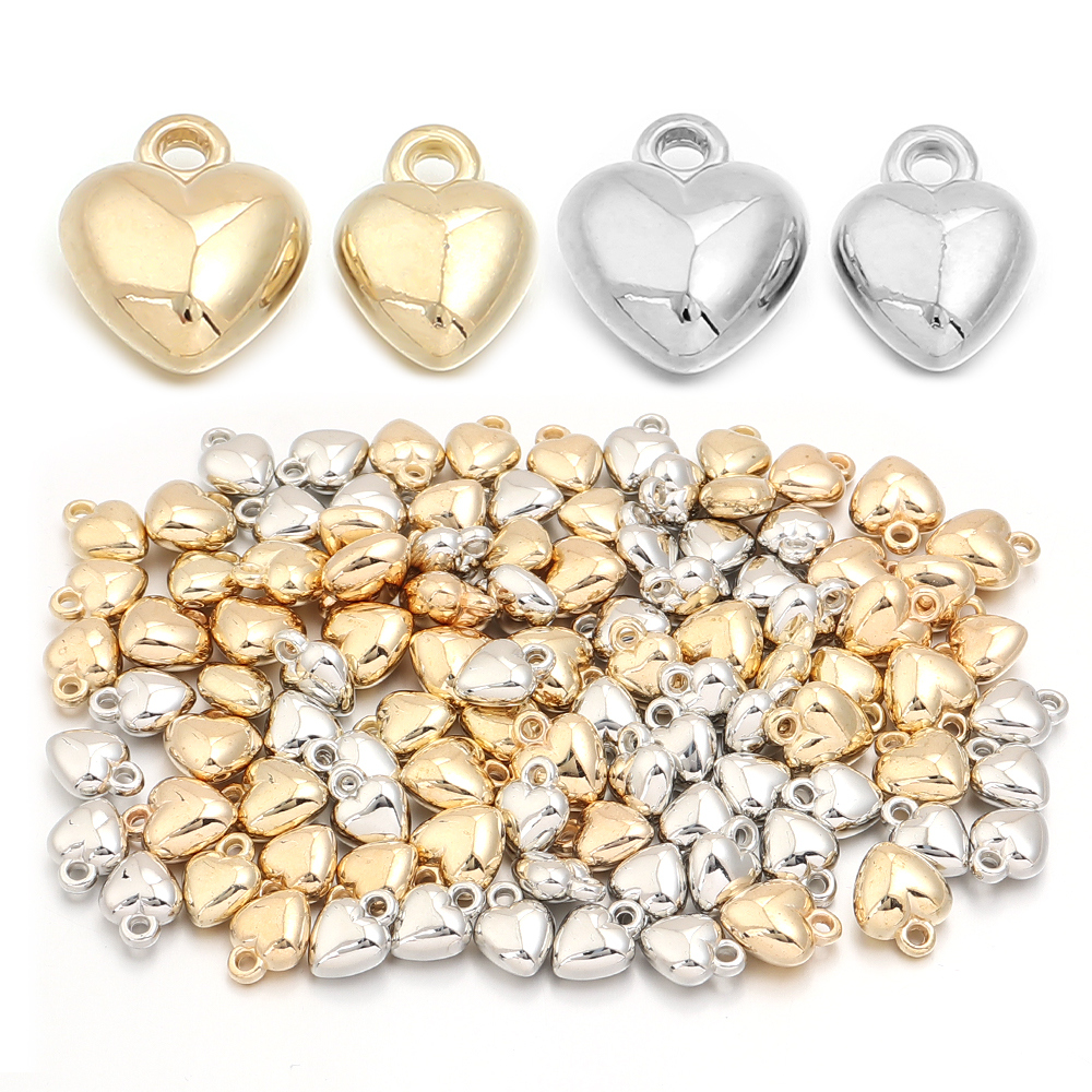 100pcs Heart Bead Charm Gold Silver Plated CCB Plastic Small Pendant for DIY Jewelry Making Bracelet Necklace Earring Pendant