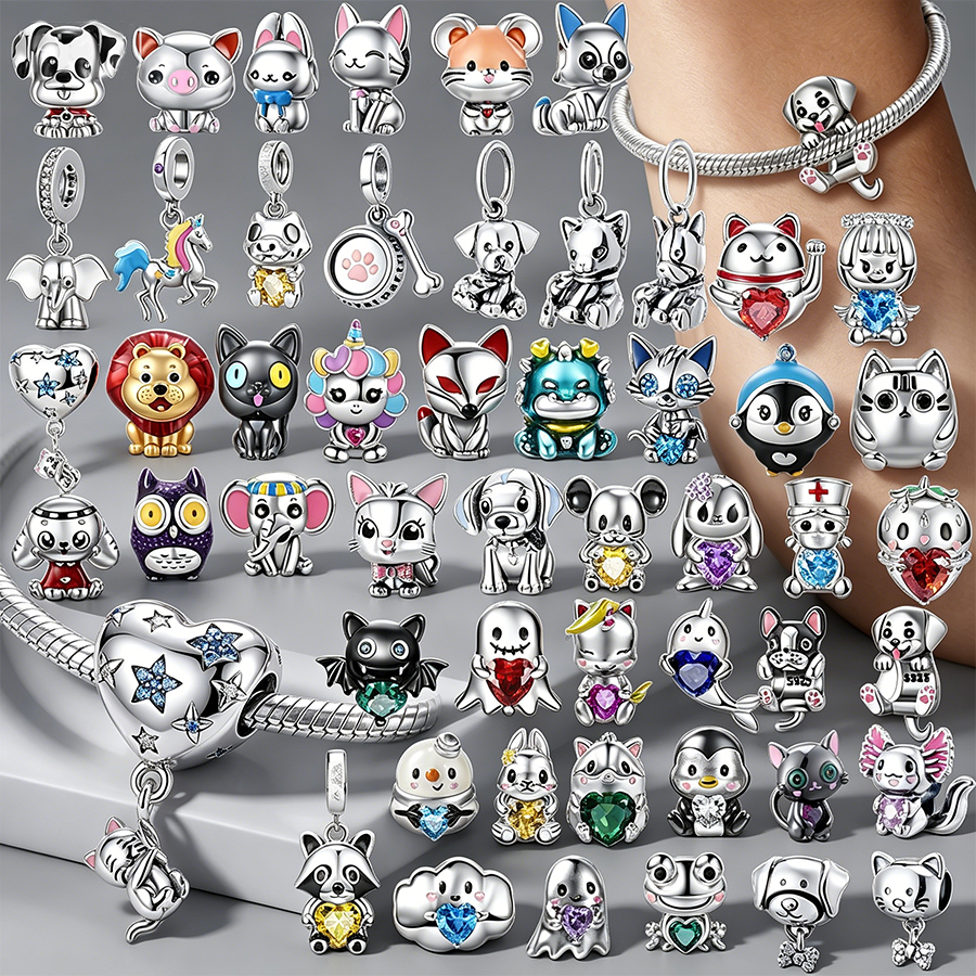 Silver Plated Cute Animal Charms for Bracelet DIY Jewelry Making Dog Cat Lion Unicorn Elephant Owl CZ Pendant Beads Women