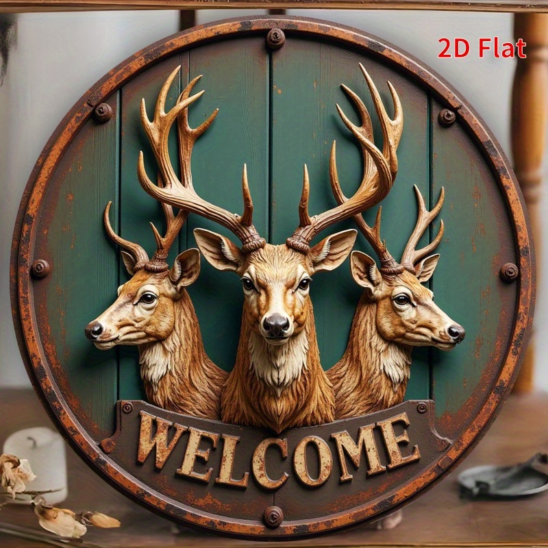 2D flat 1pc simple deer head welcome sign - circular wooden sign art, natural style decoration, suitable for home