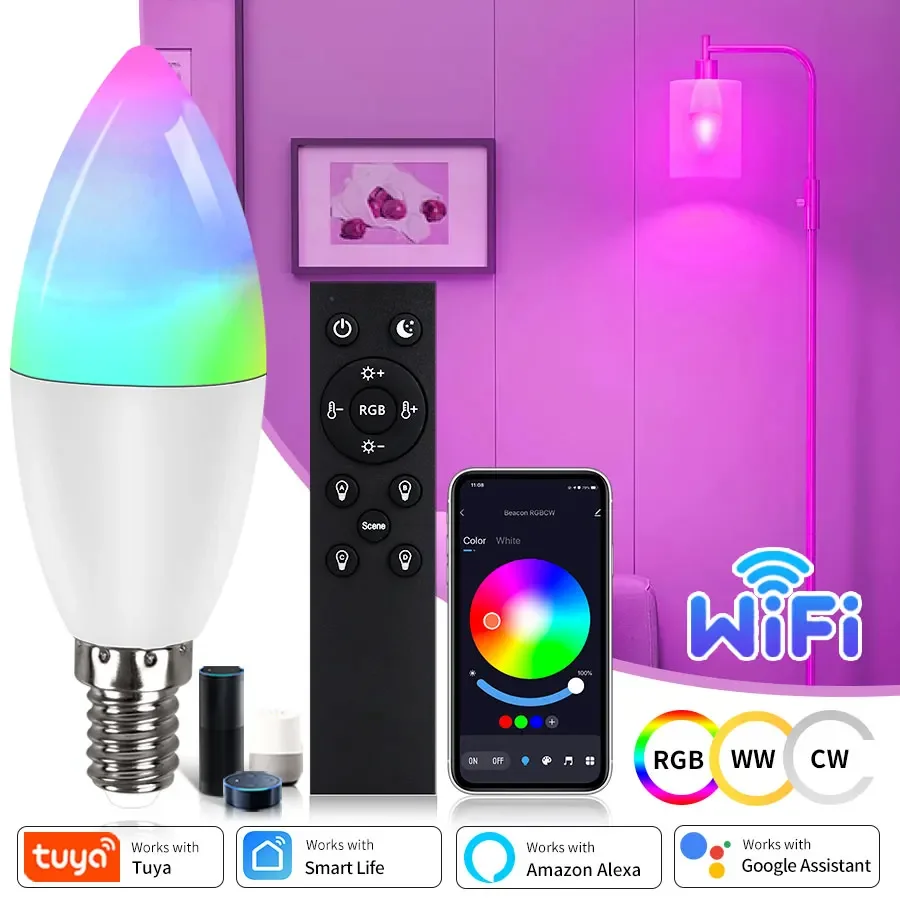 E14 WiFi Smart Light Bulb Candle Lamp 220V 5W 7W 9W with RF 2.4G Remote Tuya Smart Life APP Voice Control With Alexa Home lightify