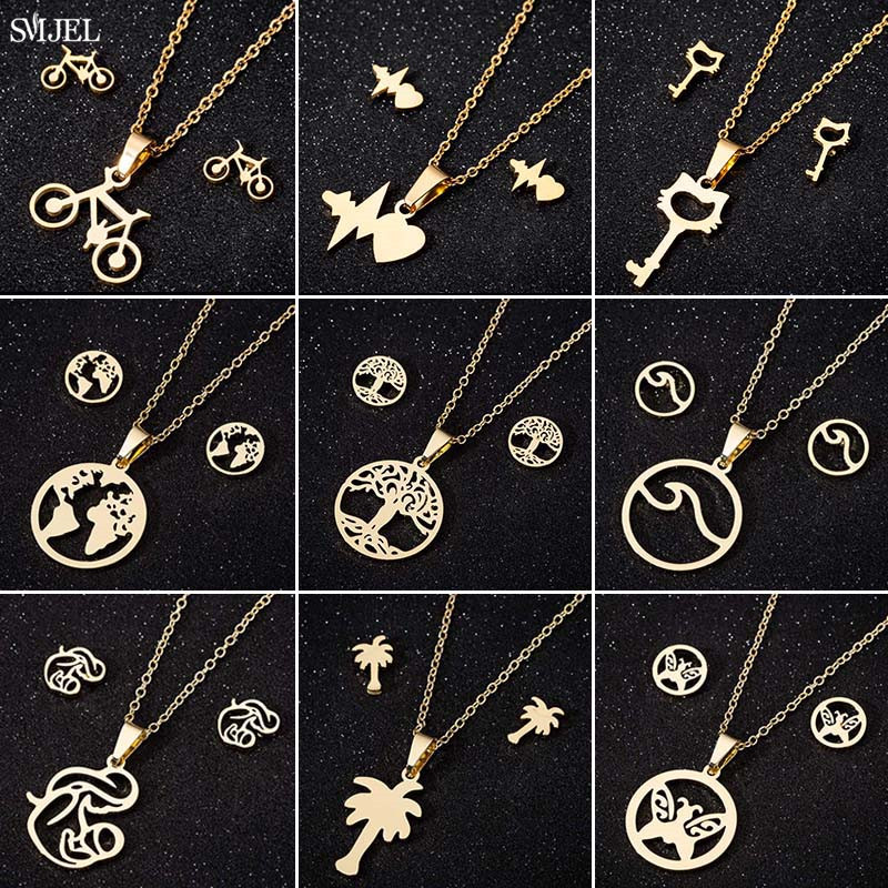 Stainless Steel Plant Jewelry Sets Bohemia Tree of Life Necklace Earrings for Women Fashion Map Wave Bicycle Earings Pendientes pen gpt