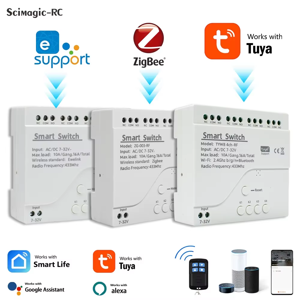 4CH ZIGBEE/Tuya/eWelink Smart Relay Dry Contact Module AC DC 7-32V 85-250V Automation Motor Switch Recever Timer for Alexa
