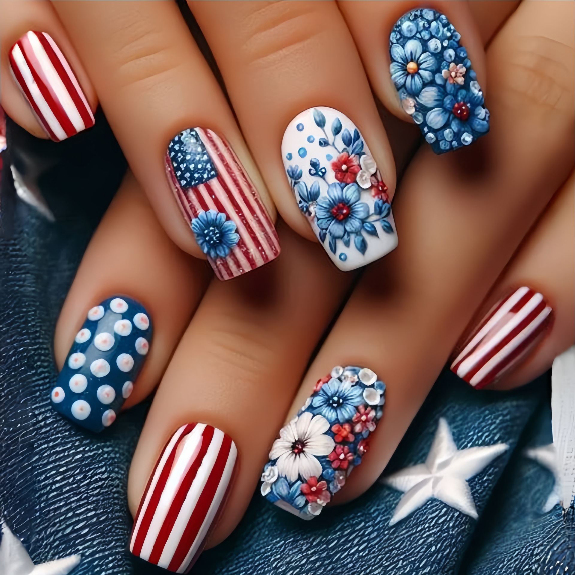 24pcs/set Short Medium square ballet fake nails tip for American Independence Day blue red flowers star flag press on false nail pen gpt