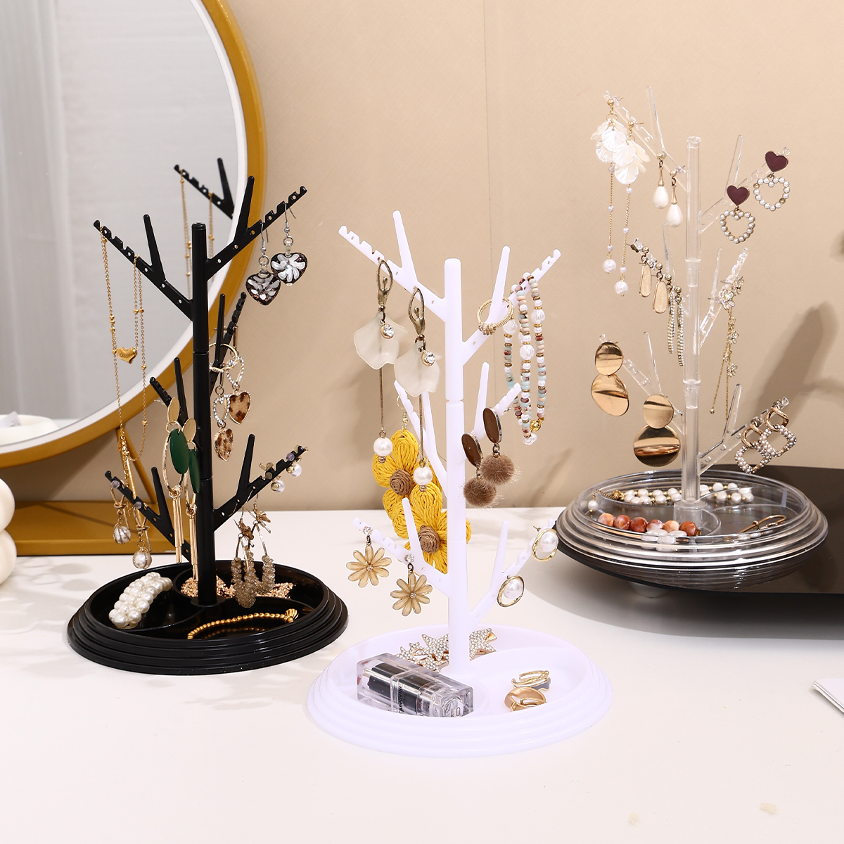 1pc Plastic White/Black/Transparent Tree Shap Jewelry Display Stand Necklace Ring Bracelet Organizer Circular Base Jewelry Tray