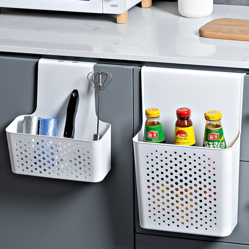 No-Drilling Kitchen Storage Rack Wall Mounted Plastic Cabinet Door Storage Shelf Space-saving Side Hanging Basket Bathroom