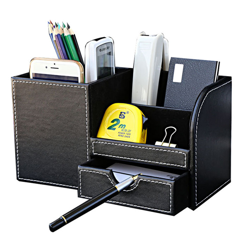 PU Leather Desktop Pen Holder Stationery Holder Pencil Cosmetics Organizer for Desk Office School Storage Accessories