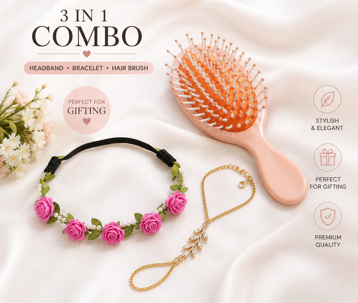 3 in 1 Girls Accessories Combo Set - Floral Rose Headband, Gold Hand Bracelet & Mini Hair Brush | Gift Set for Kids & Girls