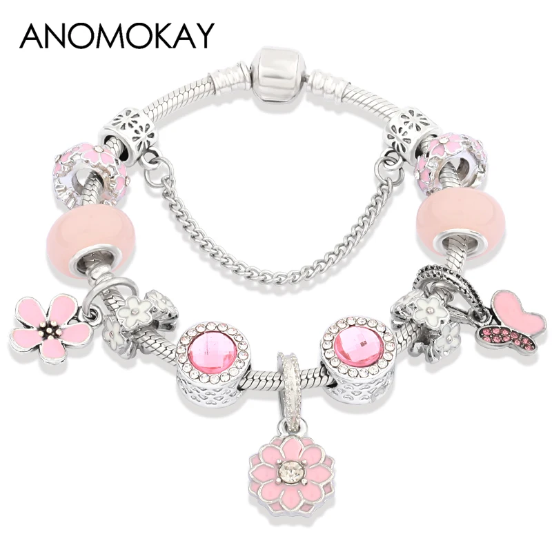 Pink Enamel Flower Charm Bracelet Spring Autumn Plant Butterfly Bead Bracelet & Bangle Classic DIY Jewelry