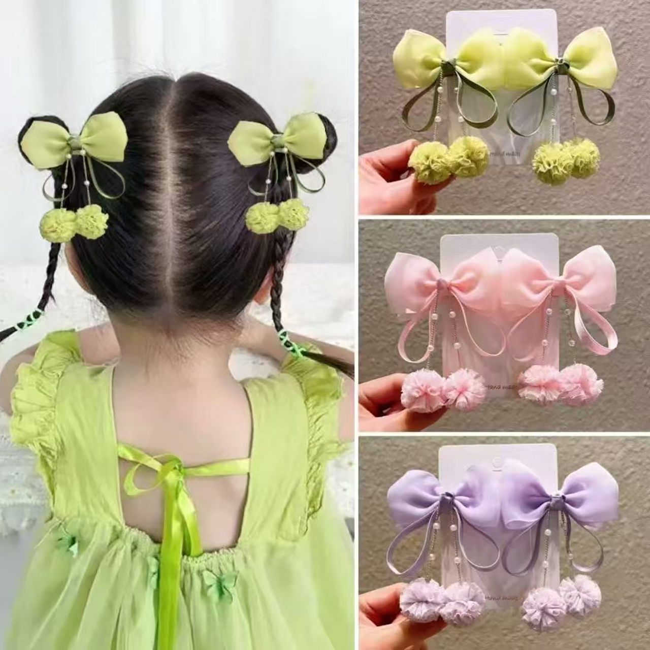 2Pcs/Set Sweet Girl Bow Hair Clips Flower Ball Pendant Barrettes Hairpins Kids Headwear Children Tassel Headdress