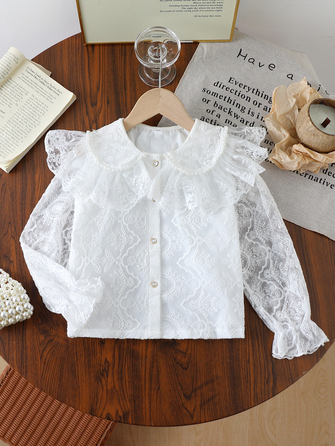 Girls' Spring and Autumn Shirt, Elegant and Fashionable, Heavy Lace Trim, Doll Collar, Open-Front, Long-Sleeved, Princess-Style Party Versatile Clothing for Little Girls