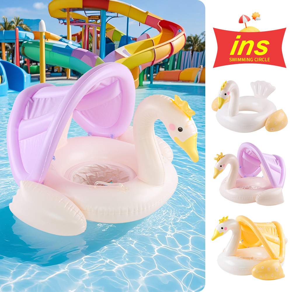 Swim Ring with Sunshade Canopy | Inflatable Swan Pool Float Protection | Deluxe Macaron Design Seat
