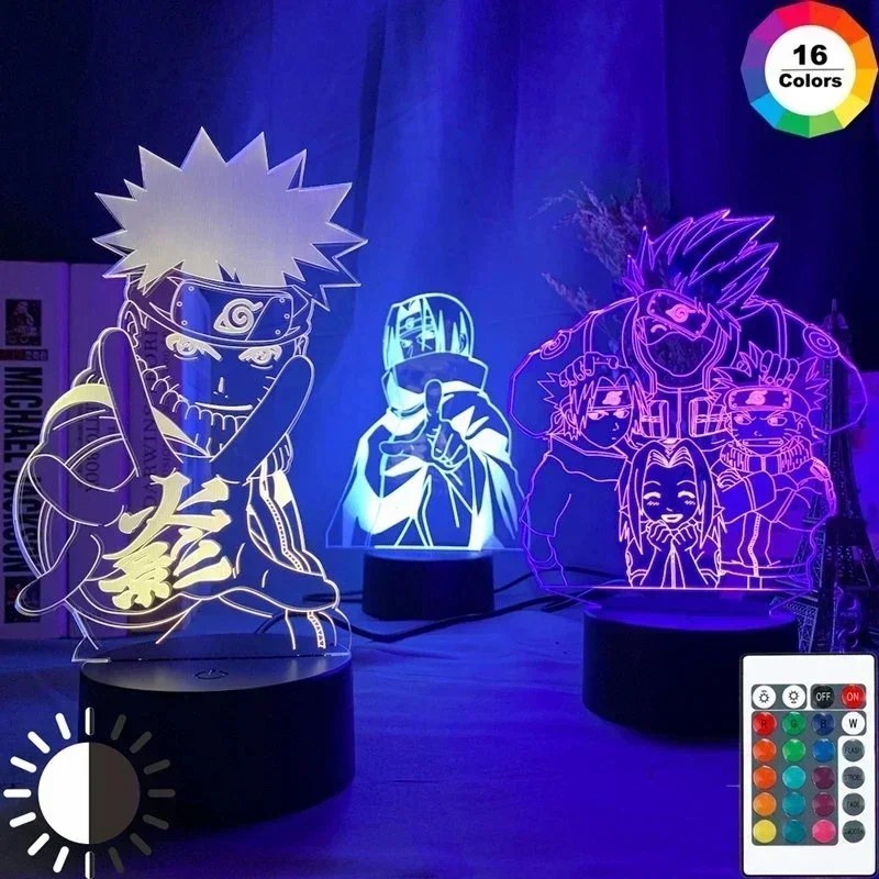 Anime Naruto Kakashi Shippuden Uchiha Sasuke Hatake Characters 3D LED Night Lights Action Figure Collection Model Toys