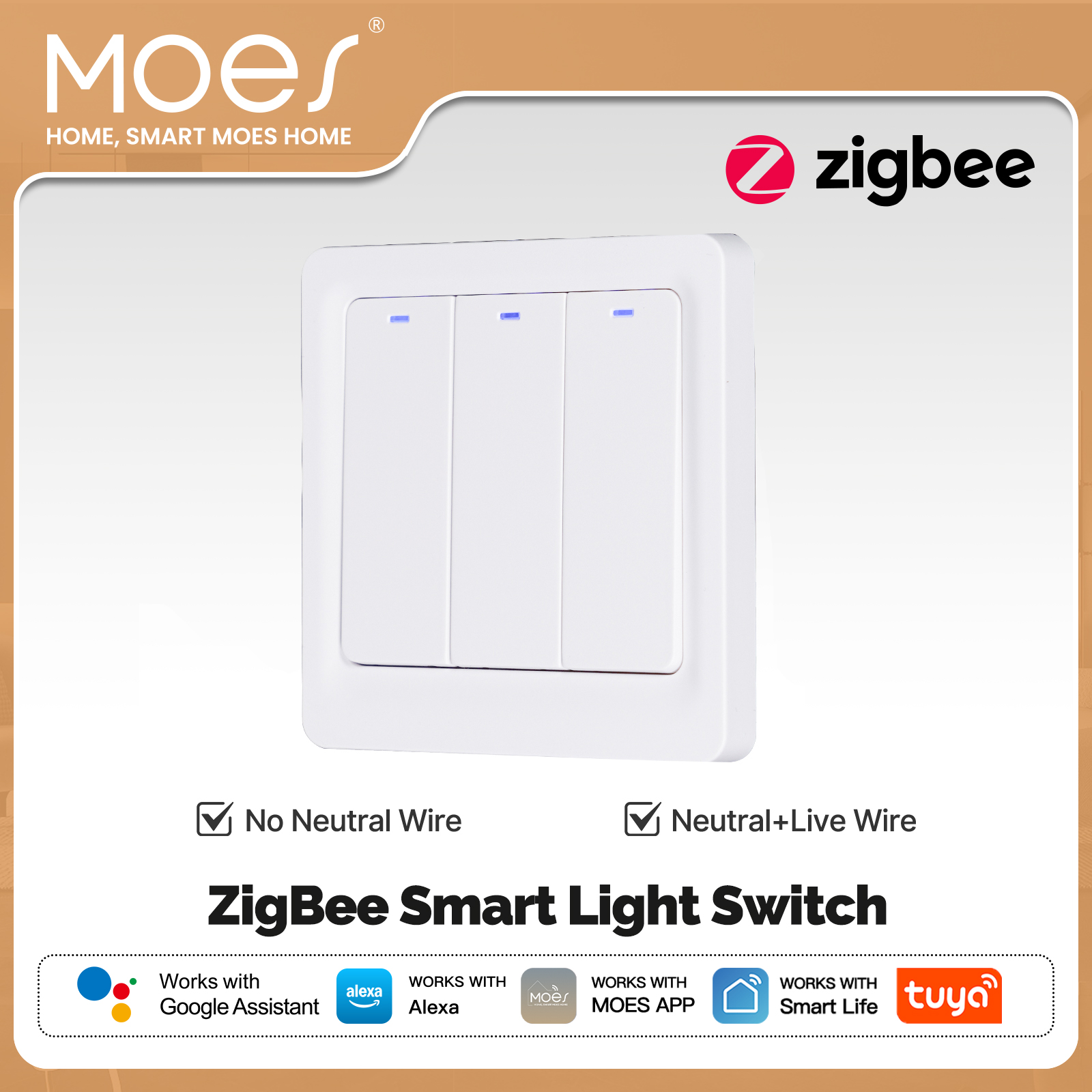 MOES Tuya ZigBee Smart Wall Light Switch with Optional Neutral Wire Magnetic Relay App Control Alexa Home