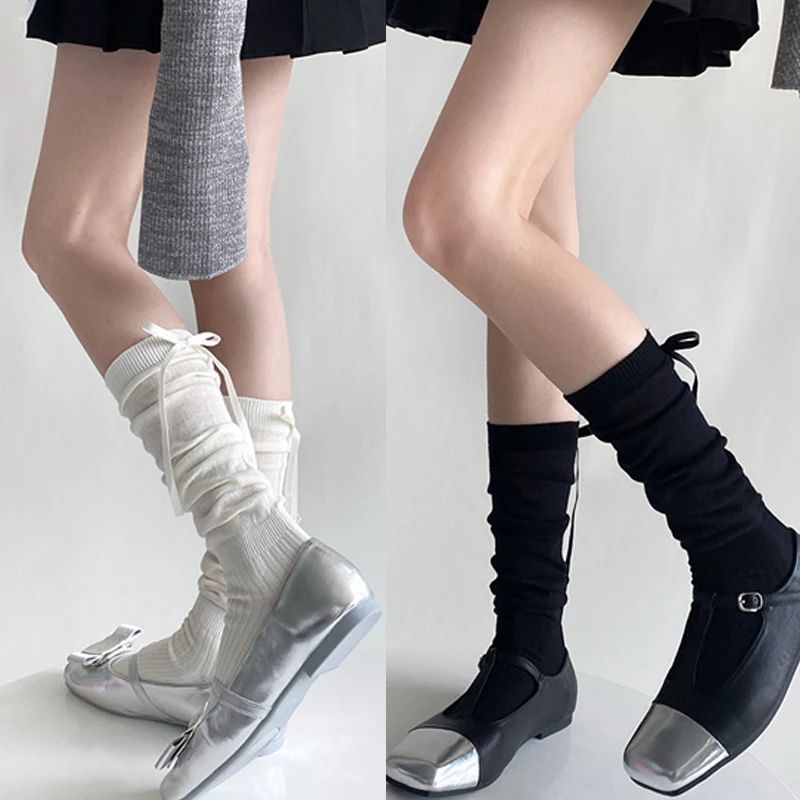 1/2/5 Pairs Lolita Long Socks Women Summer Ultra Thin Breathable Bandage Ribbon Bow Sweet Girls JK Style Black White Stockings