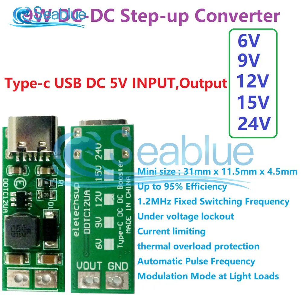DC-DC Boost Step-up Converter 9W Mini Type-C USB DC 5V to 6V 9V 12V 15V 24V PWM PFM Voltage Regulator Module