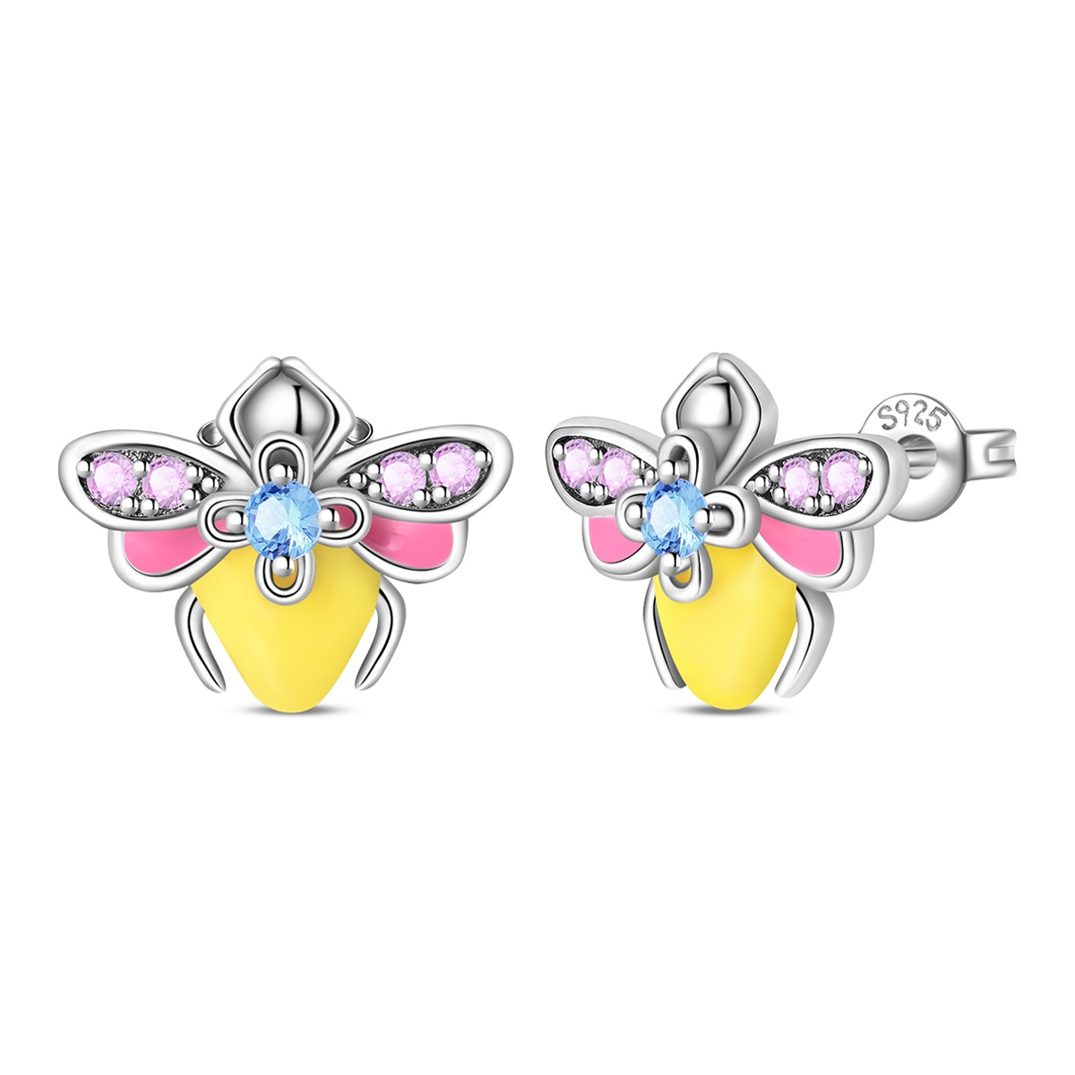 925 Sterling Silver Plated Firefly Stud Earrings for Women, Enamel Yellow Body with Pink & Blue Crystal Accents, Cute Hypoallerg