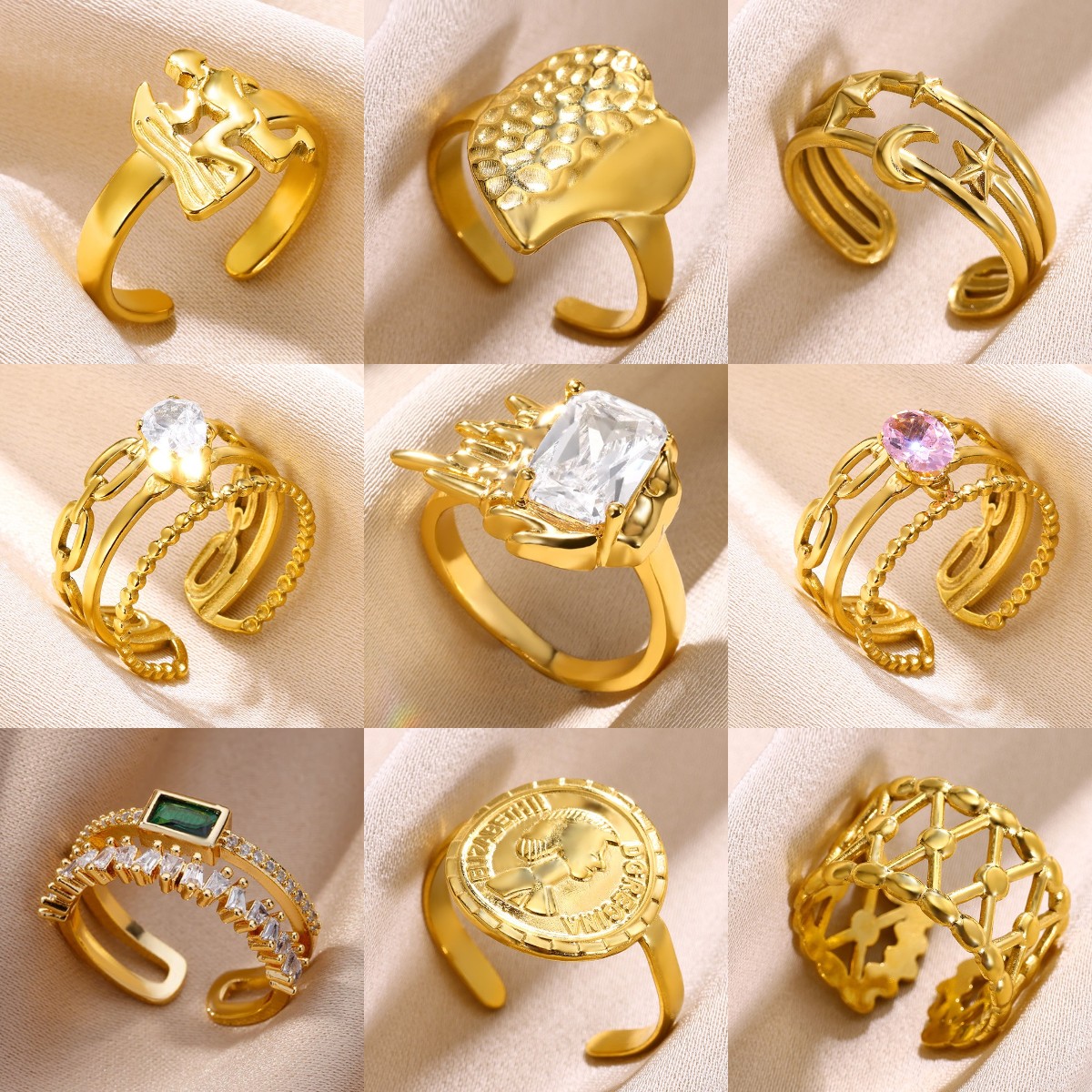Trendy Tarnish Free Waterproof Fashion Jewelry Women Stainless Steel 18K Gold Plated Open Irregular Heart Chunky Ring pen gpt