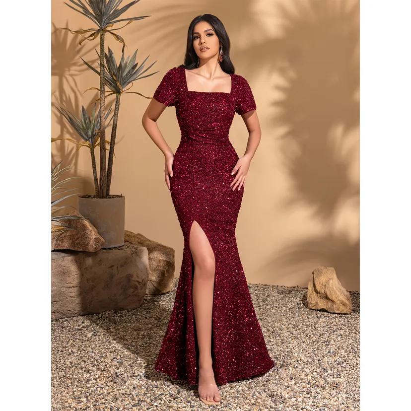 Sequined Short-Sleeved Square Neck Hip-Hugging Wedding Dress, Classic Retro Style, Elegant and Chic Dress