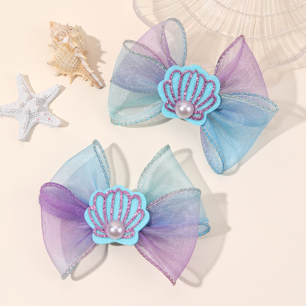 2Pcs Elegant Pearls Bow Hair Clips Sweet Cute Glitter Shell Chiffon Hairpins For Girls Children Trendy Headwear Hair Accessories