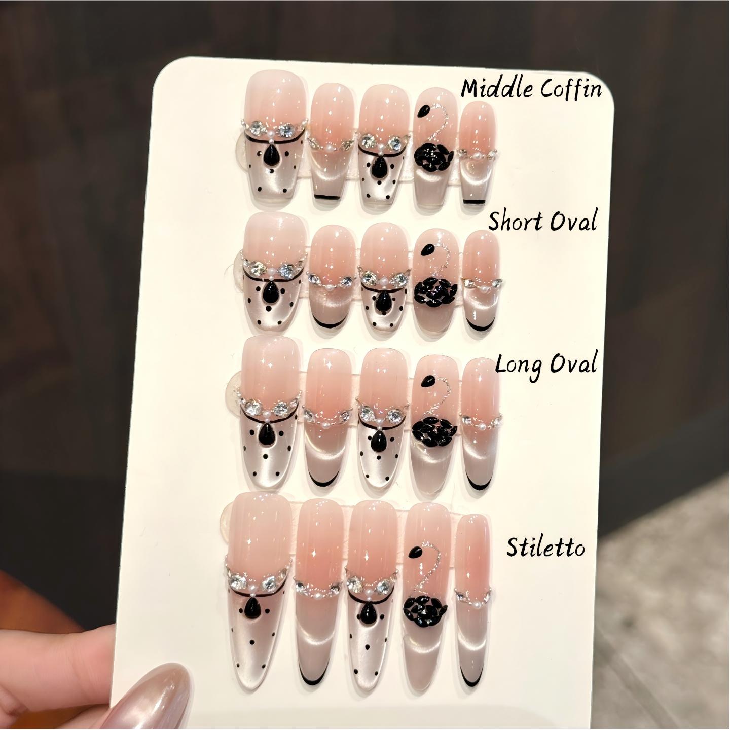 10PCS Stiletto/Coffin/Oval Handmade Press On Nails,Powdered Black Diamond,Suitable For Festivals Parties And Daily Wear.