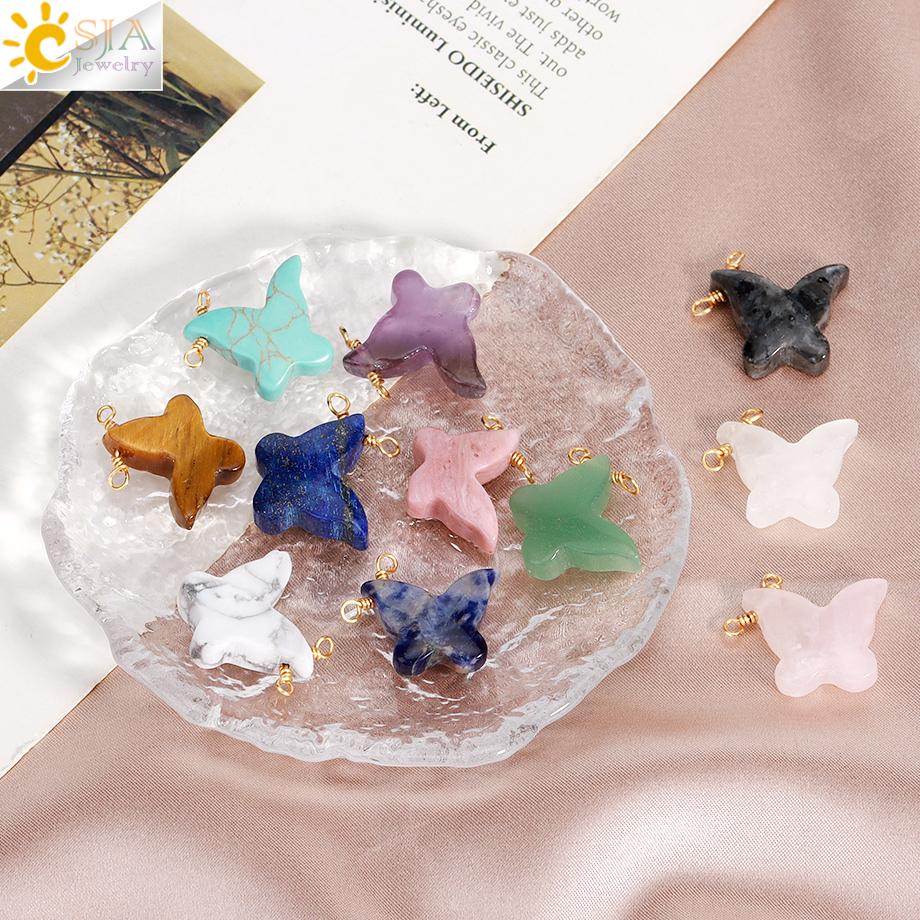 Butterfly Crystal Charm Natural Stone Pink Quartz Pendant for Jewelry Making Findings DIY Bracelet Earring Accessories H399