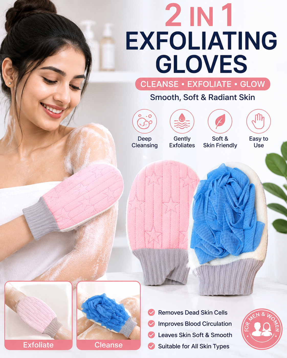 2 in 1 Exfoliating Bath Gloves | Double-Sided Shower Scrubbing Mitt | Soft Body Wash & Deep Cleansing Glove for Men & Women