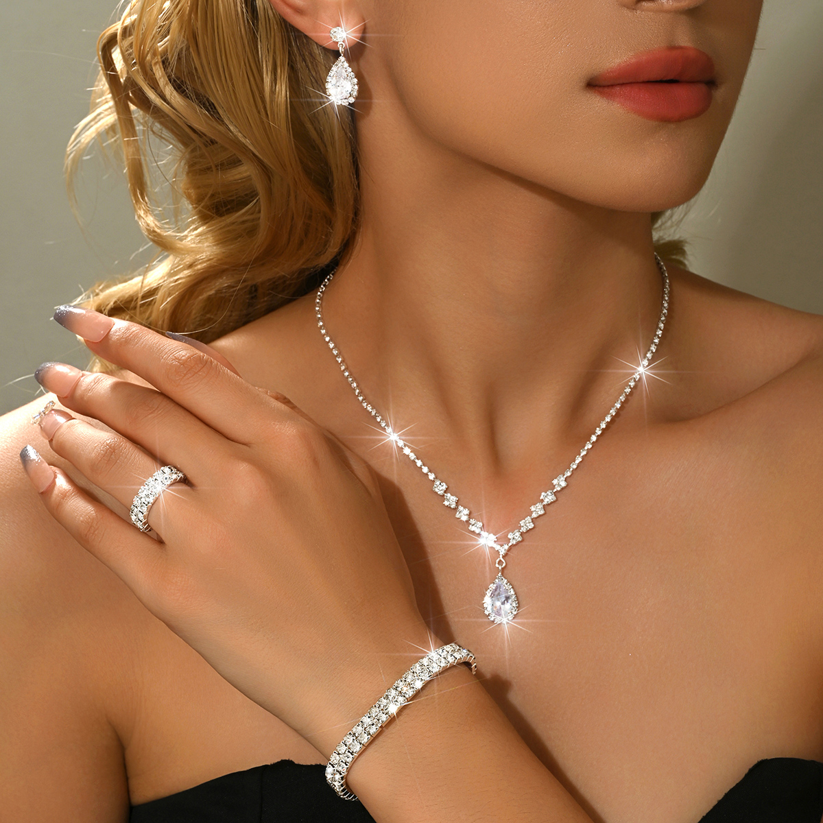Luxurious 5pcs Silver Color Water Drop Zircon Jewelry Set, Earrings Necklace Bracelet Ring, Casual Style for Women, All Seasons