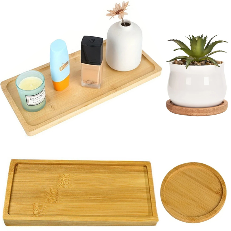 Bamboo Trays Decorative Storage Tray Coaster Multifunctional Storage Tray For Bathroom Toiletries Dressing Table Mini Flower Pot