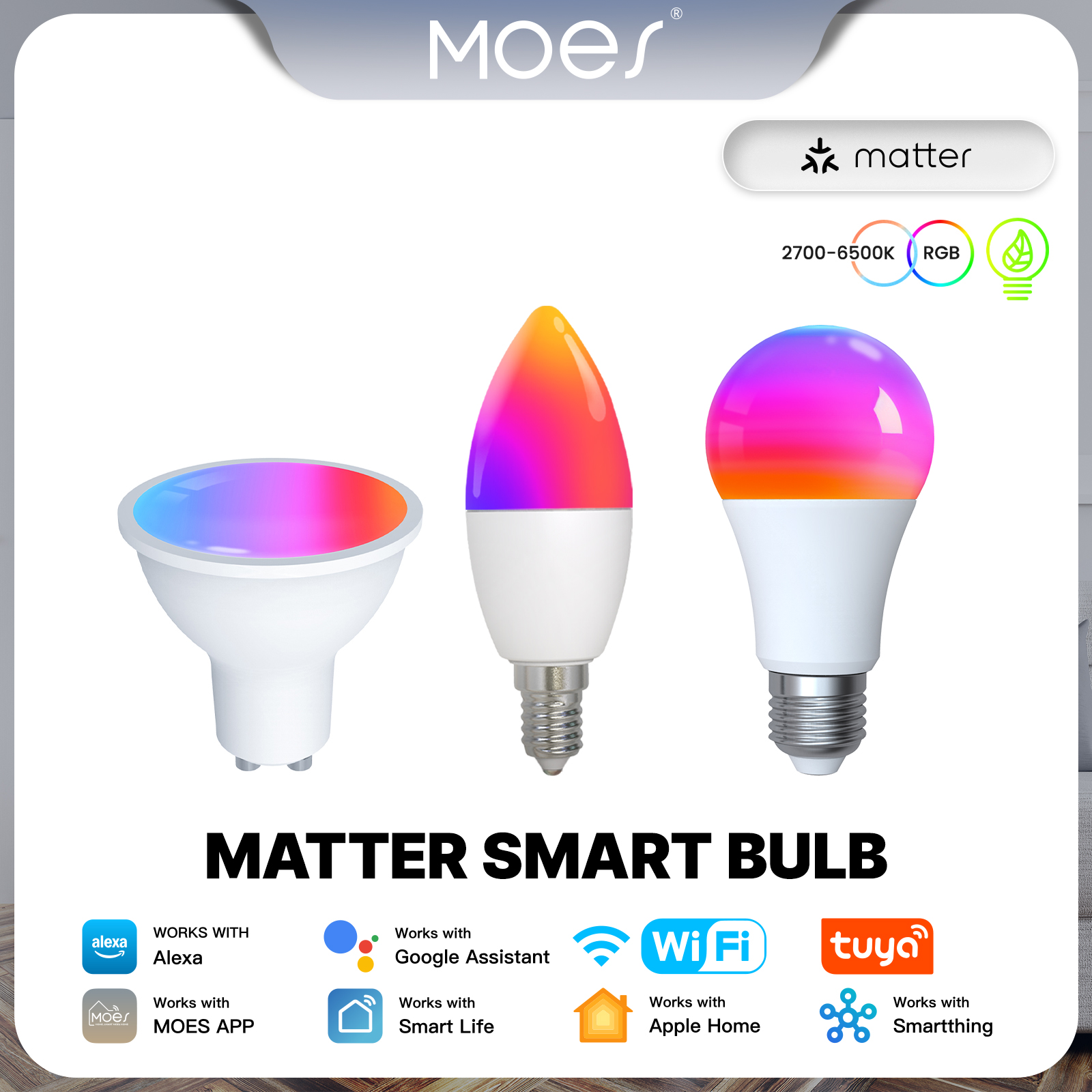 MOES Tuya Matter WiFi Smart Bulb GU10/E27/E14 Dimmable Led Light 16 Million RGB C+W Colors Candle Lamp Support Alexa Home lightify