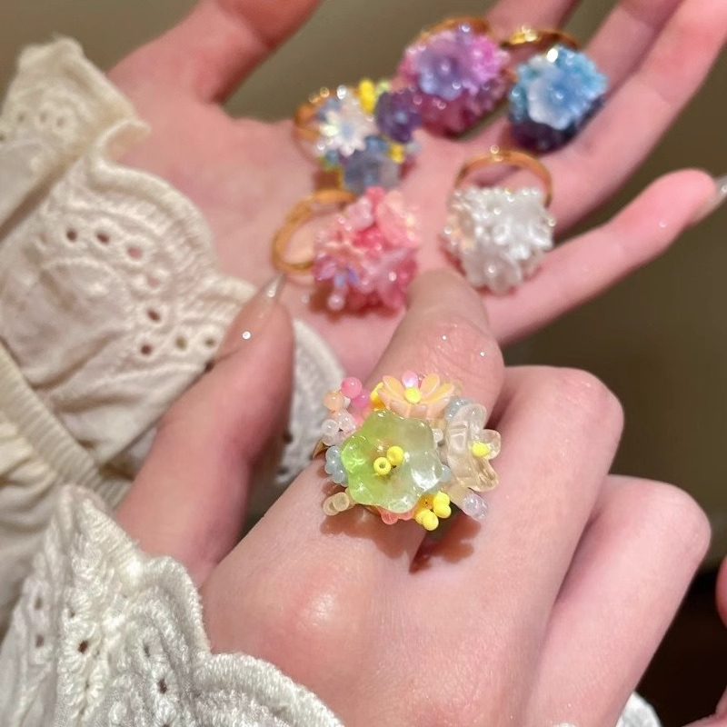 Dopamine Hydrangea Flower Ring Fresh Feeling Cute Temperament Charm Female Niche Design Sweet Beaded Finger Daily Trend Ring